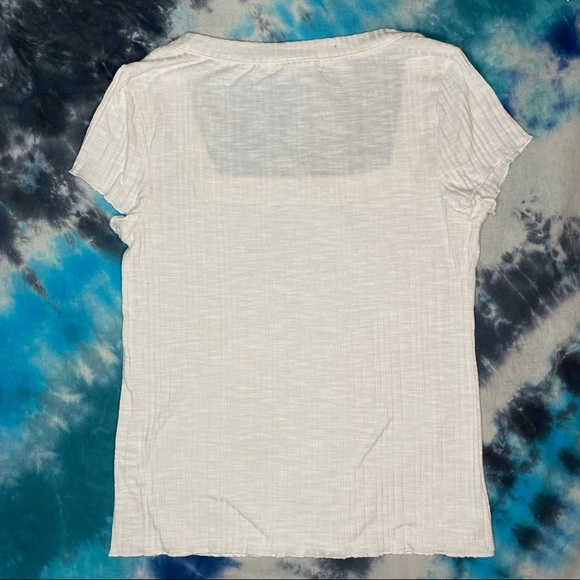 Ribbed White Tee with Square Neckline and Ruffled Edging - Picture 2 of 5